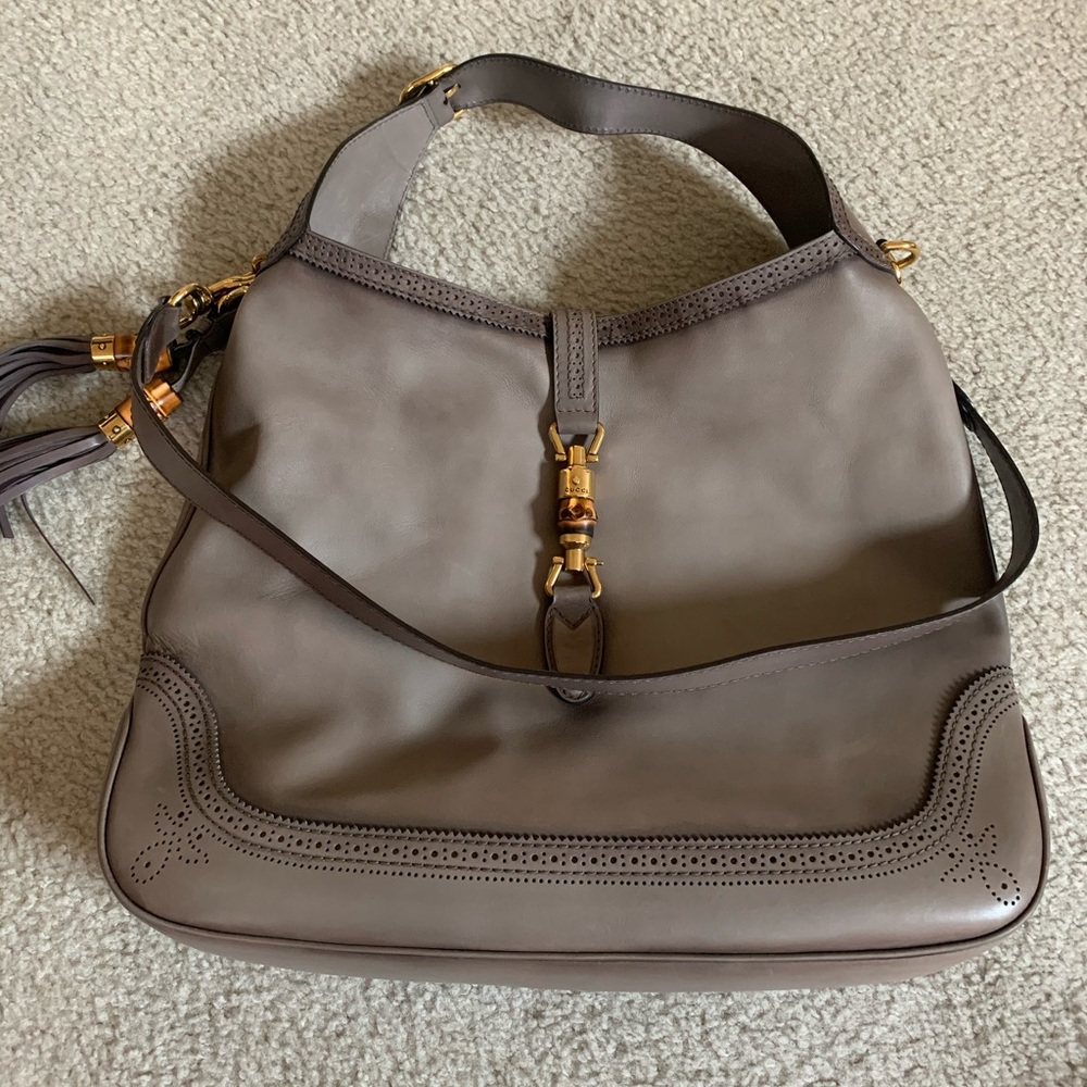 GUCCI Gray Calfskin Duilio Brogue Lg Shoulder Bag
